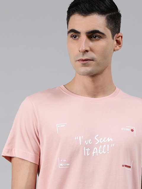 

WROGN Men Pink Printed Round Neck T-shirt