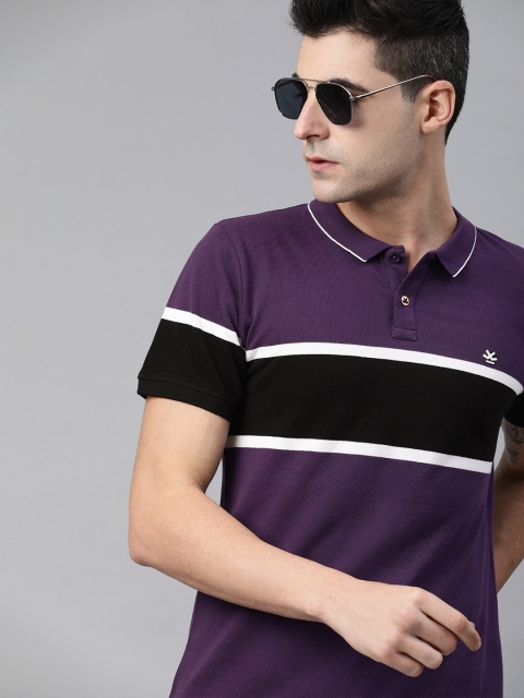 

WROGN Men Purple & Black Slim Fit Striped Polo Collar T-shirt
