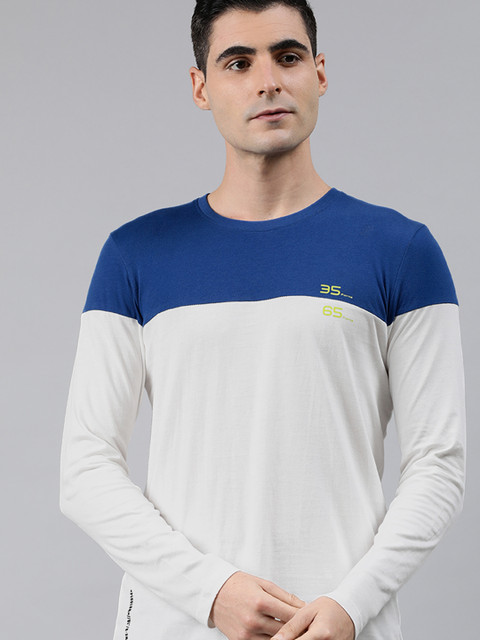 

WROGN Men White Blue Colourblocked Slim Fit Round Neck Pure Cotton T-shirt