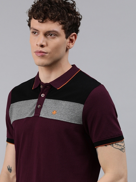

WROGN Men Burgundy & Black Colourblocked Slim Fit Polo Collar T-shirt