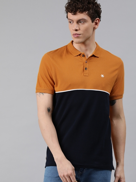 

WROGN Men Mustard Yellow & Navy Blue Colourblocked Slim Fit Polo Collar T-shirt