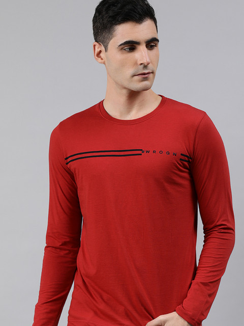 

WROGN Men Maroon Slim Fit Printed Round Neck T-shirt