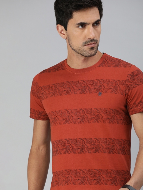 

WROGN Men Rust Red & Black Striped Slim Fit Round Neck T-shirt
