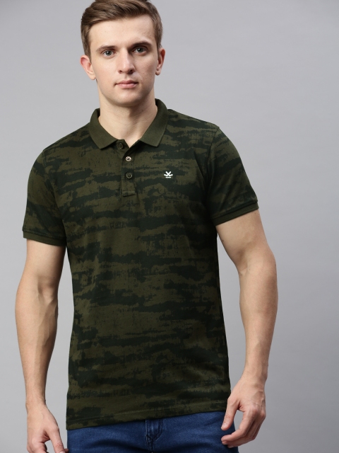 

WROGN Men Olive Green & Black Slim Fit Printed Polo Collar T-shirt