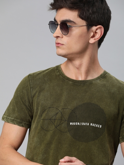 

WROGN Men Olive Green Printed Round Neck Pure Cotton T-shirt