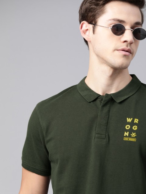 

WROGN Men Olive Green Pure Cotton Solid Polo Collar T-shirt