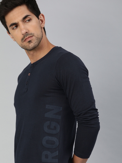 

WROGN Men Navy Blue Printed Slim Fit Henley Neck T-shirt