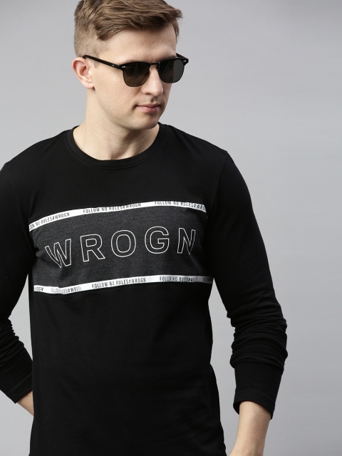 

WROGN Men Black Slim Fit Brand Logo Printed Round Neck T-shirt