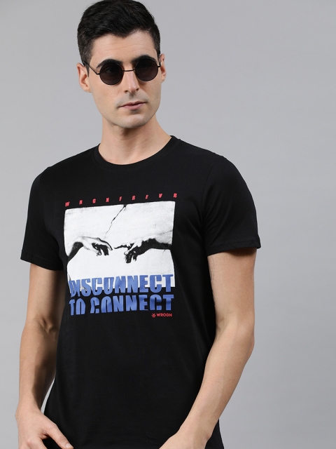 

WROGN Men Black Slim Fit Printed Round Neck T-shirt