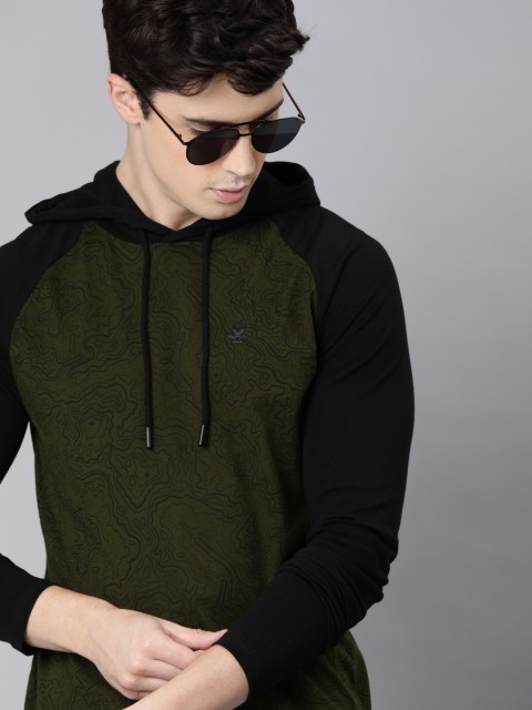 

WROGN Men Olive Green & Black Slim Fit Printed Hooded Sweatshirt