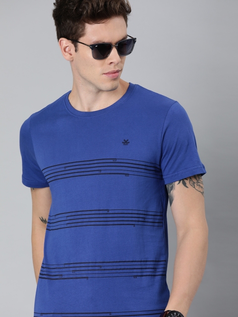

WROGN Men Blue & Black Slim Fit Striped Round Neck T-shirt