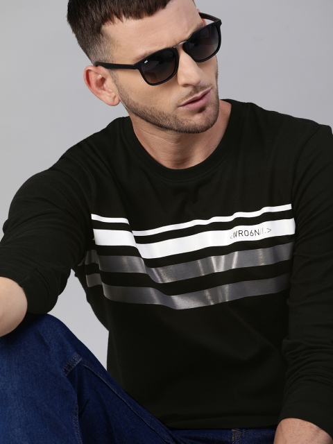 

WROGN Men Black & White Striped Round Neck T-shirt