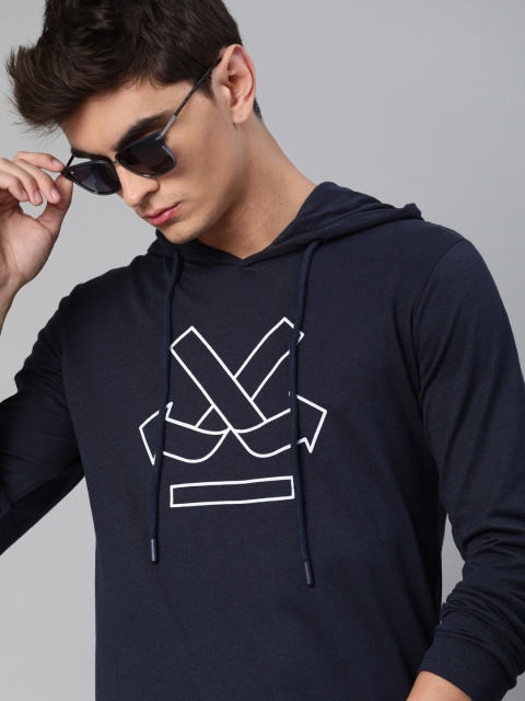 

WROGN Men Navy Blue Printed Hood Pure Cotton T-shirt