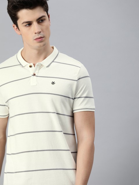 

WROGN Men Off-White & Black Striped Slim Fit Polo Collar T-shirt