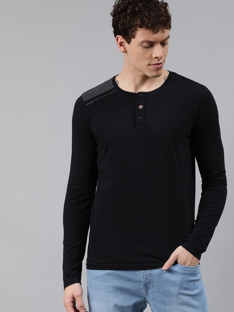 

WROGN Men Black Slim Fit Solid Henley Neck T-shirt