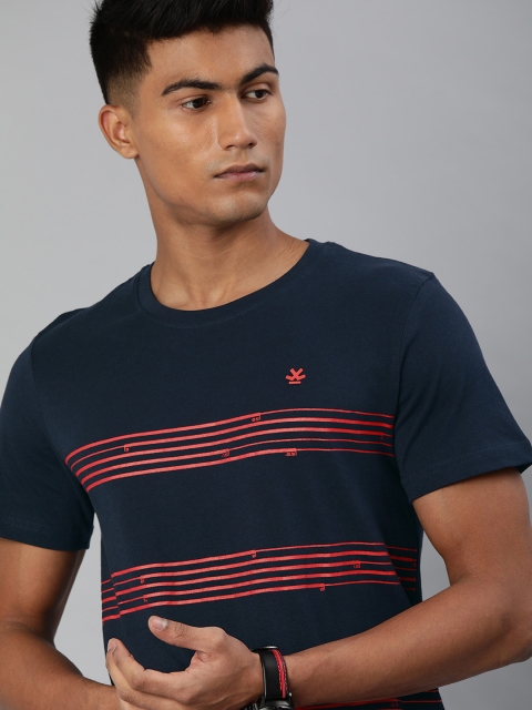

WROGN Men Navy Blue & Pink Striped Slim Fit Round Neck T-shirt