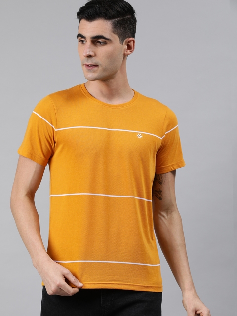 

WROGN Men Mustard Yellow & White Slim Fit Striped Round Neck T-shirt