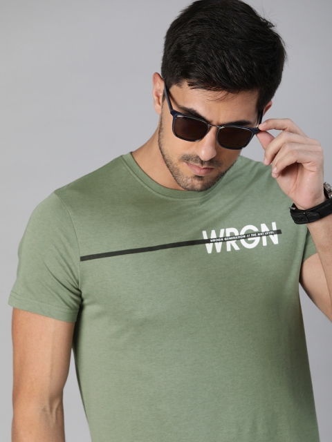 

WROGN Men Olive Green Printed Slim Fit Round Neck T-shirt