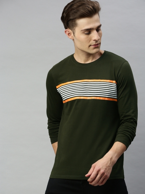 

WROGN Men Olive Green & White Striped Round Neck T-shirt
