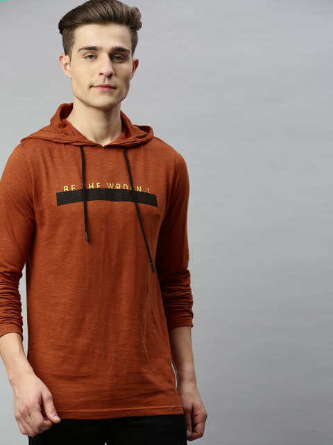 

WROGN Men Rust Orange Printed Hood T-shirt