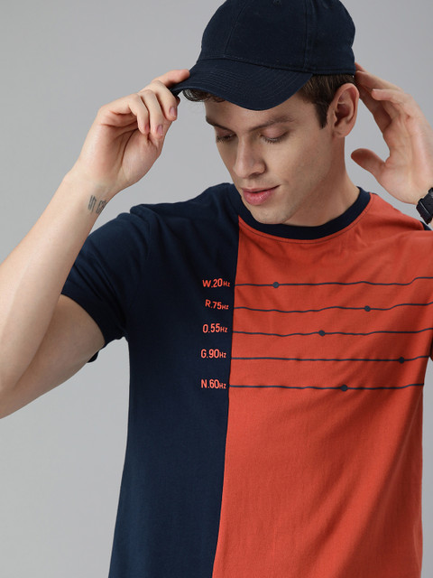 

WROGN Men Navy Blue Printed Round Neck T-shirt