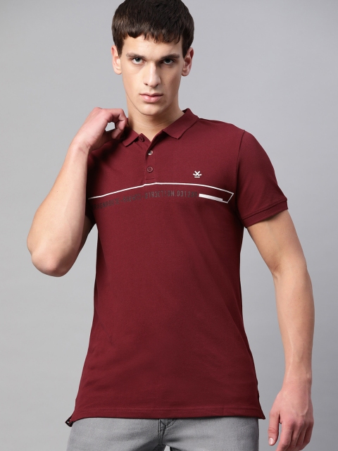 

WROGN Men Maroon Pure Cotton Solid Polo Collar Pure Cotton T-shirt with Printed Detail