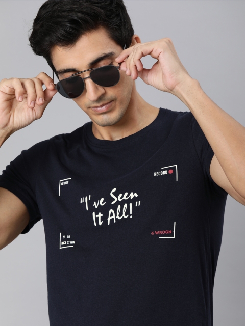 

WROGN Men Navy Blue Slim Fit Printed Round Neck T-shirt