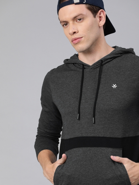 

WROGN Men Charcoal Colourblocked Hood T-shirt