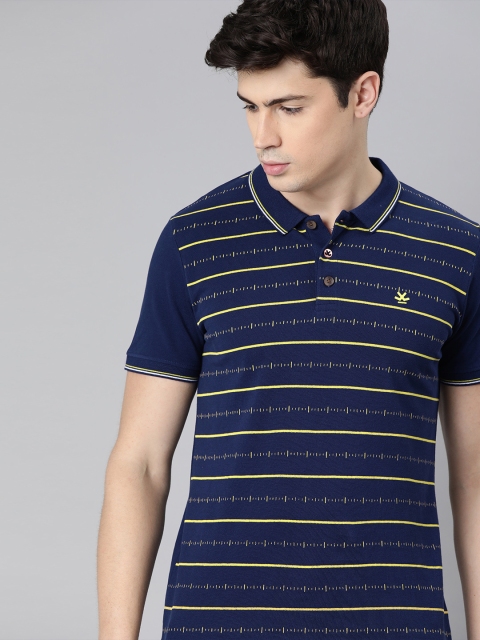 

WROGN Men Navy Blue & Yellow Slim Fit Striped Polo Collar T-shirt