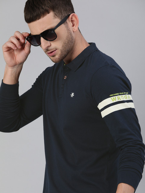 

WROGN Men Navy Blue Solid Polo Collar T-shirt with Striped Detail Sleeves