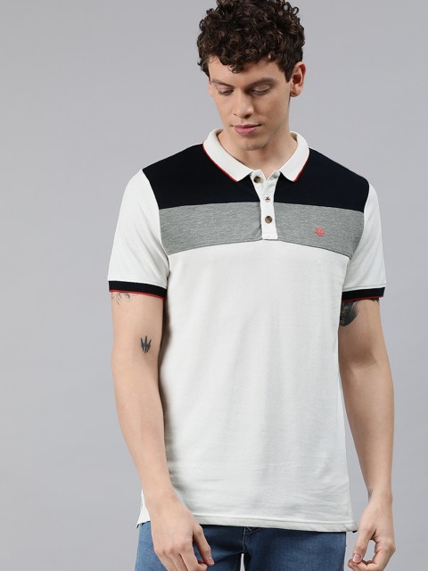 

WROGN Men White Grey Colourblocked Slim Fit Polo Collar Pure Cotton T-shirt