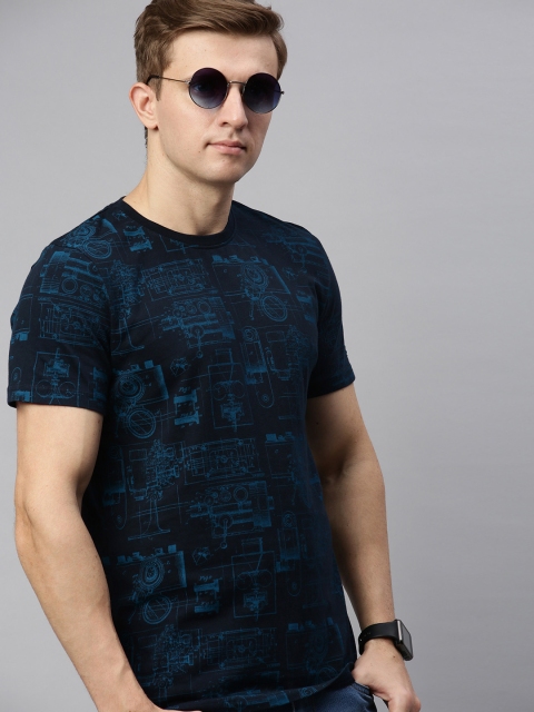 

WROGN Men Navy Blue Printed Slim Fit Round Neck T-shirt