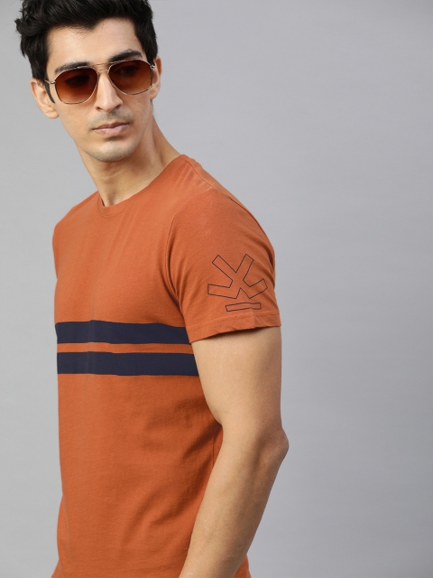 

WROGN Men Rust Orange & Navy Blue Striped Slim Fit Round Neck T-shirt