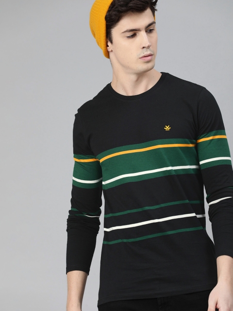 

WROGN Men Black & Teal Green Striped Slim Fit Round Neck T-shirt