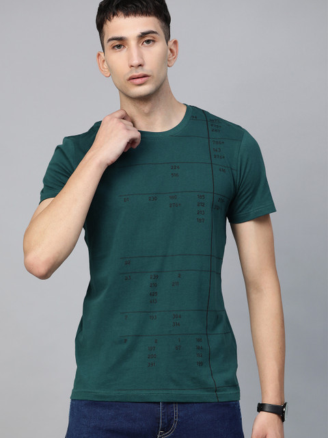 

WROGN Men Teal Green & Black Printed Round Neck T-shirt