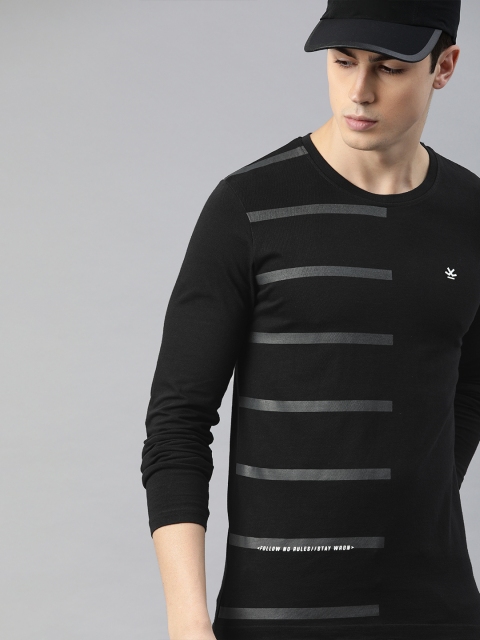 

WROGN Men Black & Grey Slim Fit Striped Round Neck T-shirt