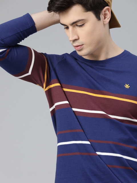 

WROGN Men Navy Blue & Maroon Slim Fit Striped Round Neck T-shirt