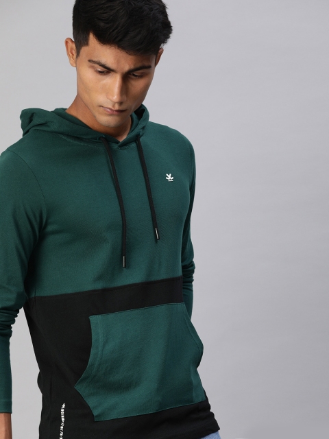

WROGN Men Green & Black Colourblocked Slim Fit Hood T-shirt