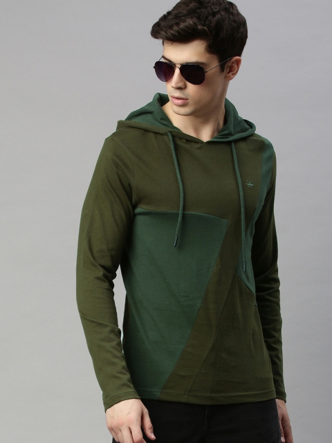 

WROGN Men Olive Green Colourblocked Hood T-shirt