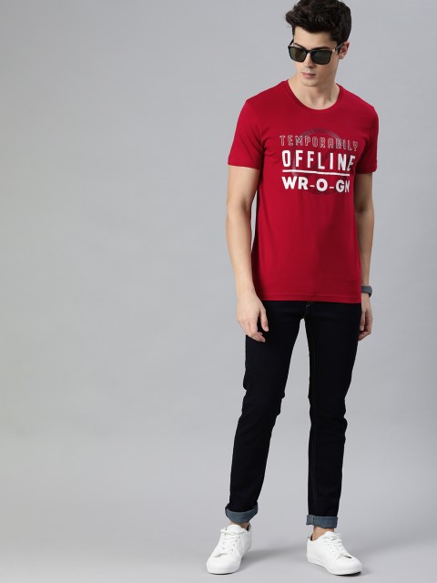 

WROGN Men Red Printed Slim Fit Round Neck T-shirt