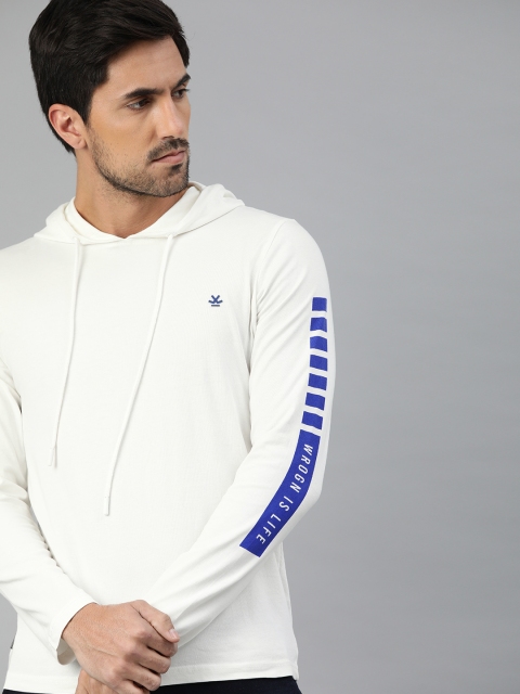 

WROGN Men White Slim Fit Solid Hooded T-shirt with Printed Detailing