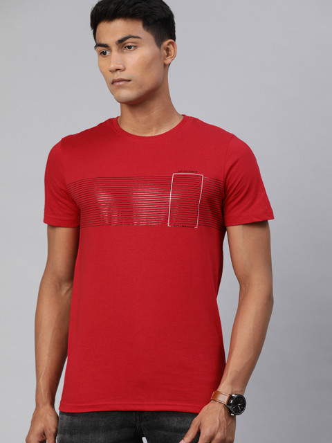 

WROGN Men Red Striped Round Neck T-shirt