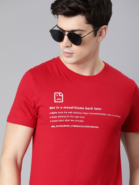 

WROGN Men Red Slim Fit Printed Round Neck Pure Cotton T-shirt