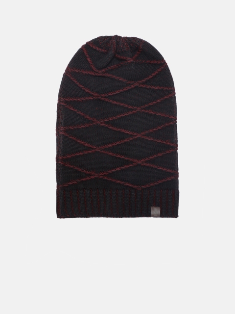 Unisex Black & Maroon Self Design Acrylic Beanie