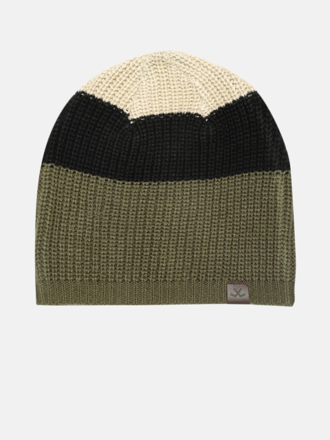 Unisex Olive Green & Black Colourblocked Acrylic Beanie