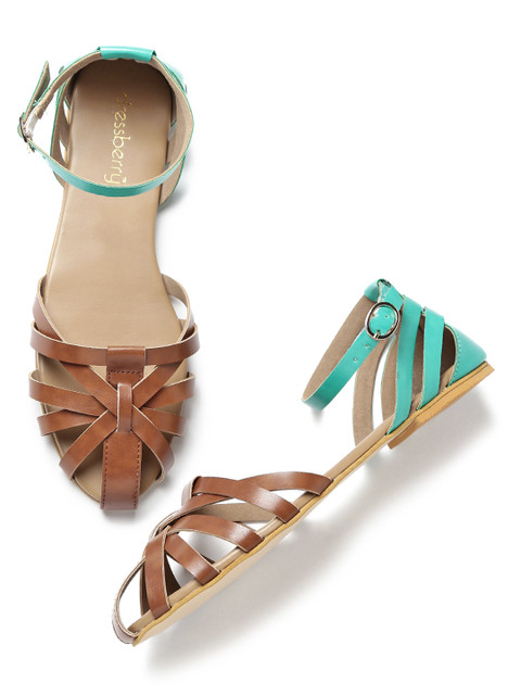 

DressBerry Women Brown & Sea Green Strappy Flats