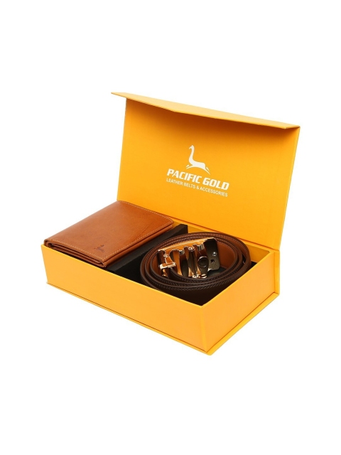 

Pacific Gold Men Brown Genuine Leather Autolock Belt & Wallet Gift Set