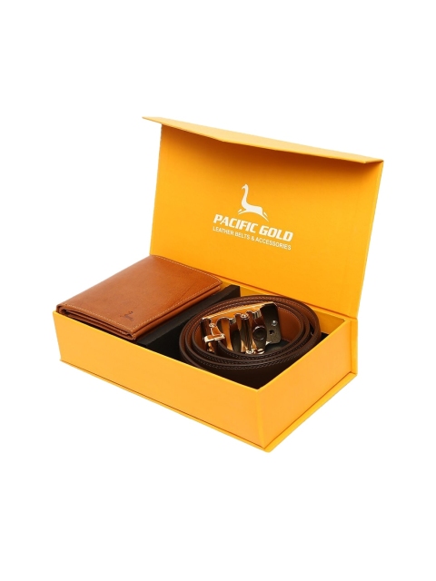 

Pacific Gold Men Tan Brown Genuine Leather Autolock Belt & Wallet Gift Set