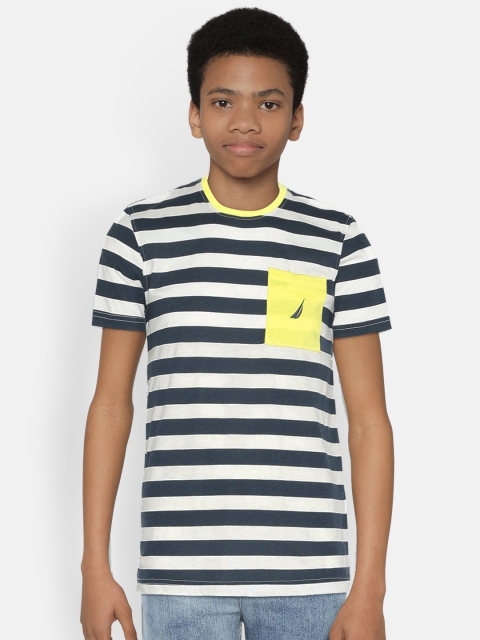 

Nautica Boys White & Navy Blue Striped Round Neck T-shirt