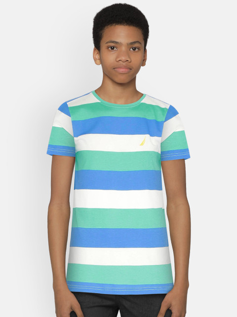

Nautica Boys White & Blue Striped Round Neck T-shirt